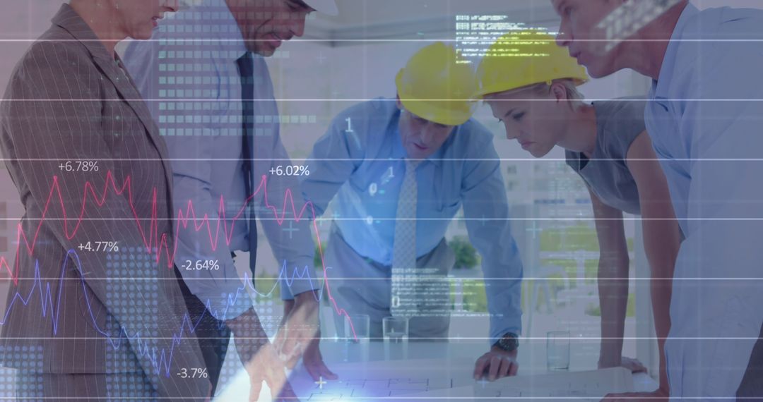 Image of financial data processing over construction site workers discussing in the background - Free Images, Stock Photos and Pictures on Pikwizard.com