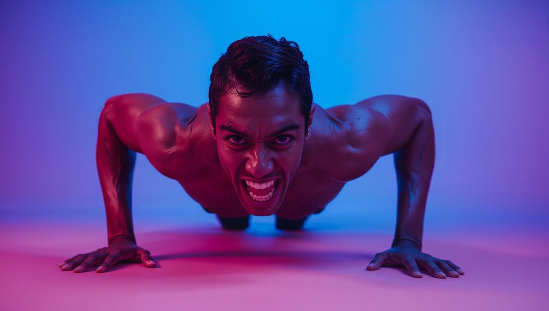 Athletic Man Performing Intense Push-Ups Under Vibrant Lighting