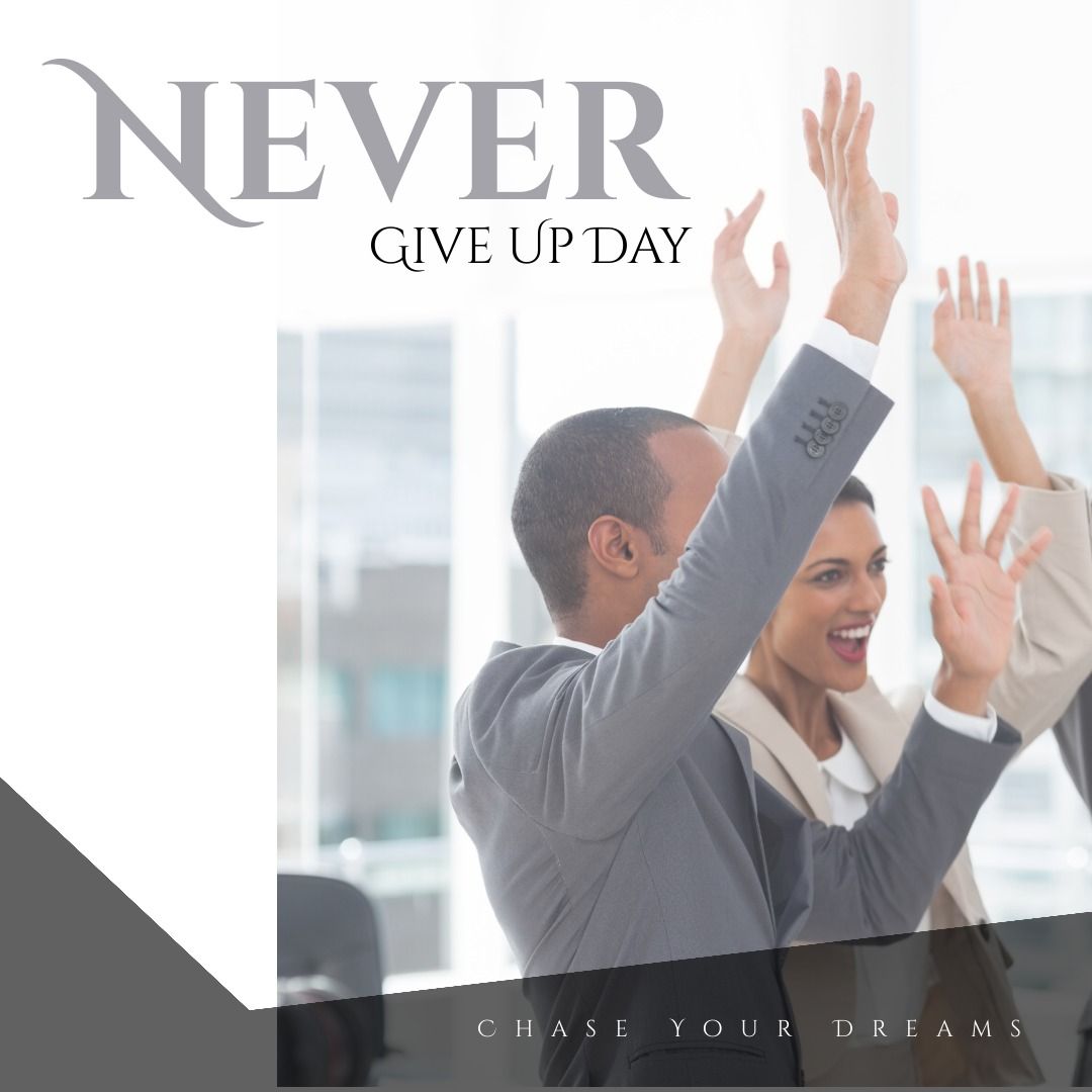 Digital composite image of motivated business colleagues raising arms with never give up day text - Download Free Stock Templates Pikwizard.com