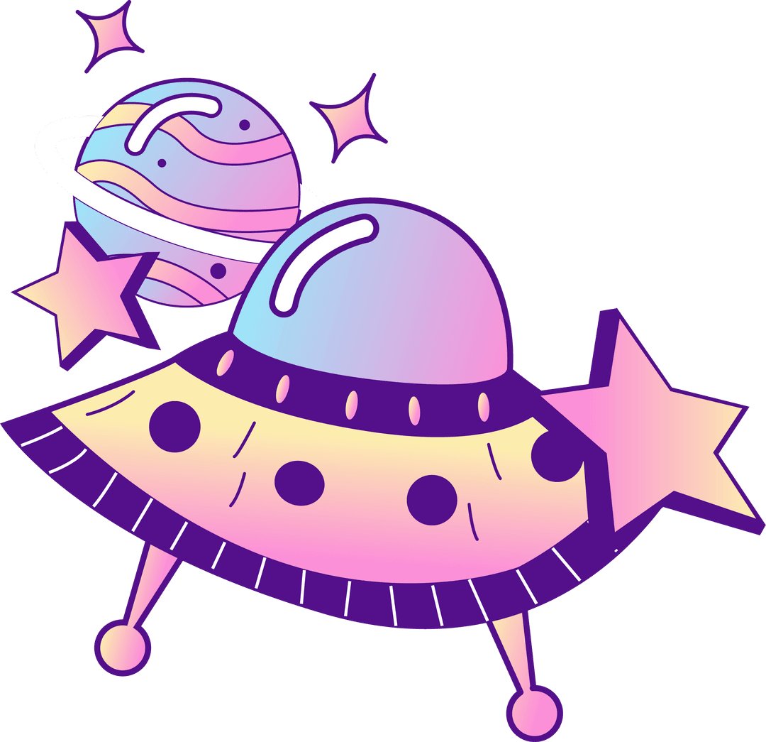 Transparent Pastel UFO and Celestial Elements in Whimsical Flat Design