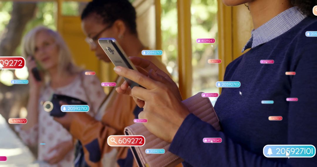 Social Media Engagement at Bus Stop as Diverse Women Connect Digitally