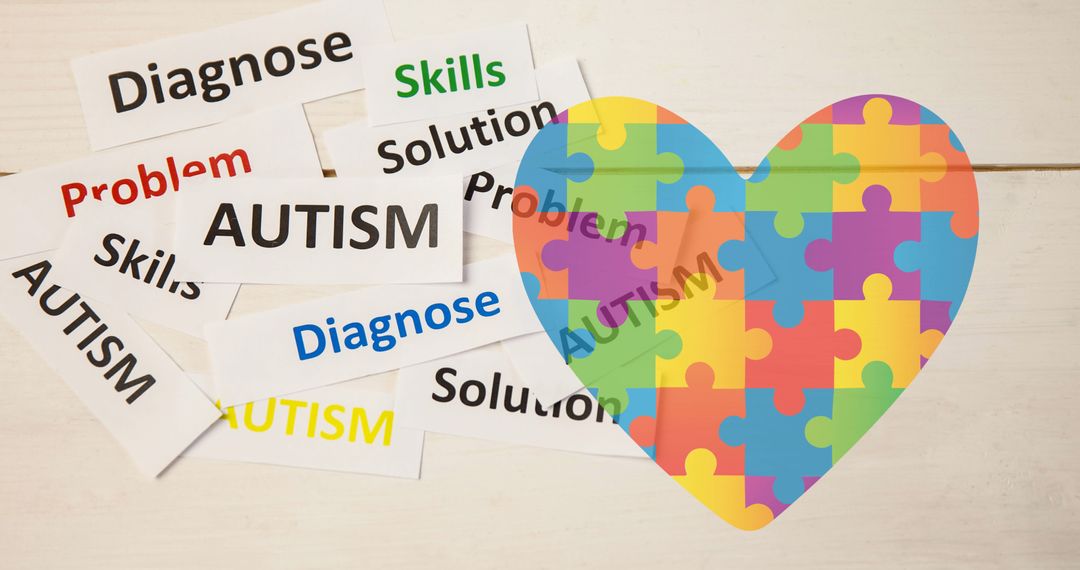 Autism Awareness Heart with Puzzle Pattern Incorporating Key Words