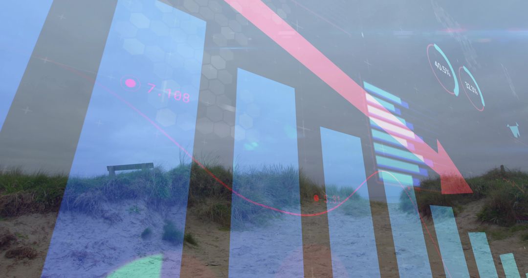 Overlaying data visualization on coastal dune path showing declining bar chart with red arrow