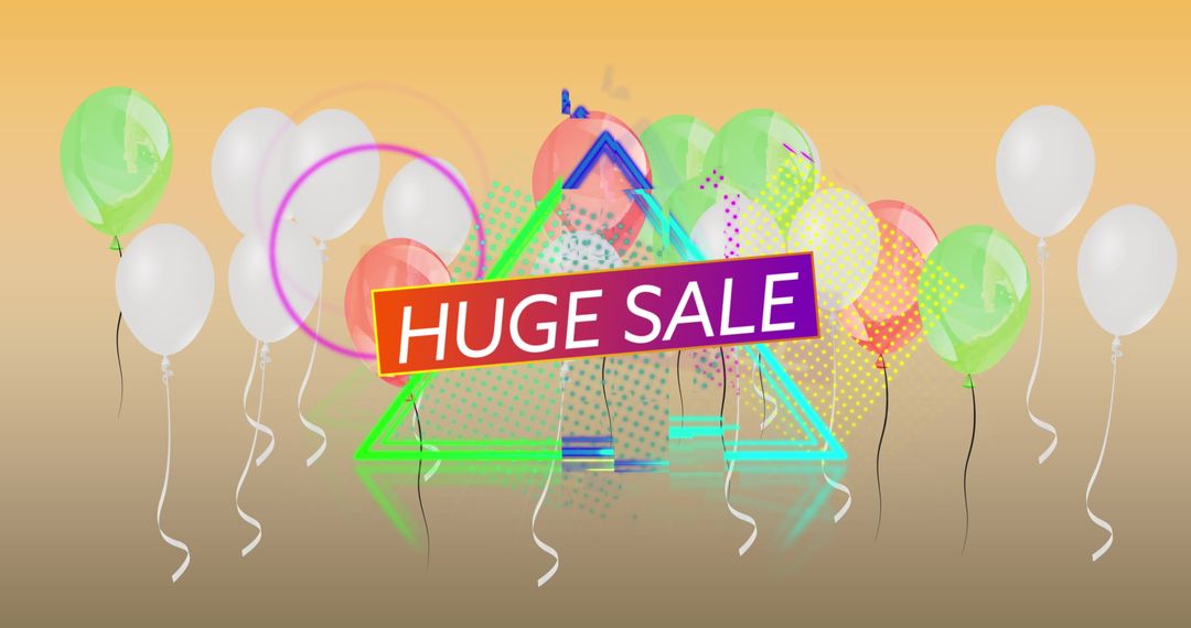Huge Sale Announcement with Neon Triangle and Floating Balloons