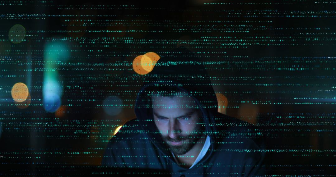 Cybersecurity Concept: Male Hacker with Digital Data Overlay