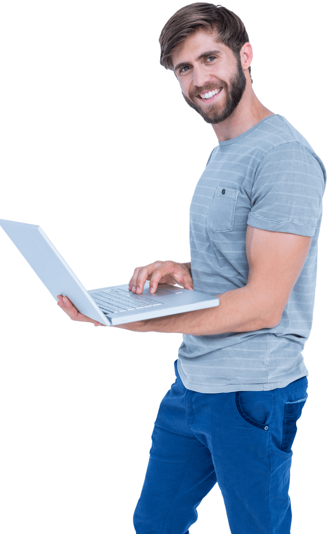 Transparent Smiling Young Man Using Laptop in Casual Attire