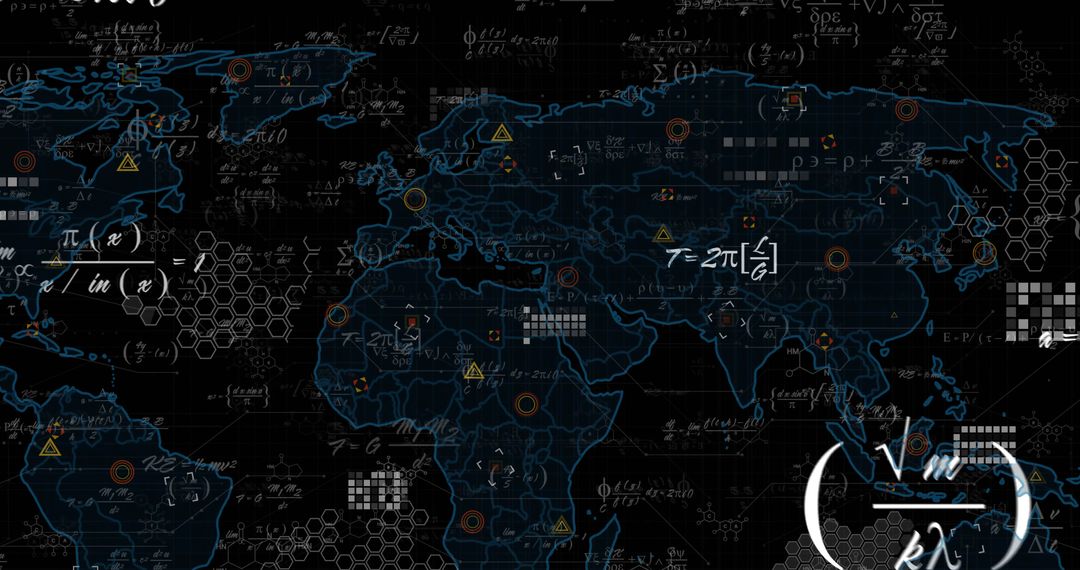 Futuristic World Map Overlay with Mathematical Equations and Digital Graphics