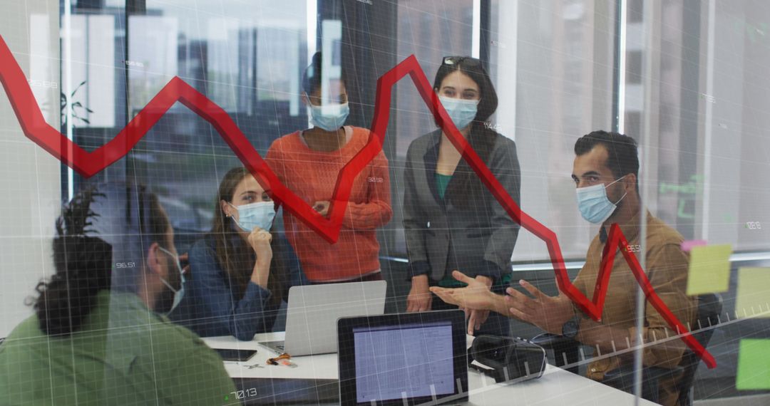Business Team Analyzing Financial Trends with Masks in Modern Office