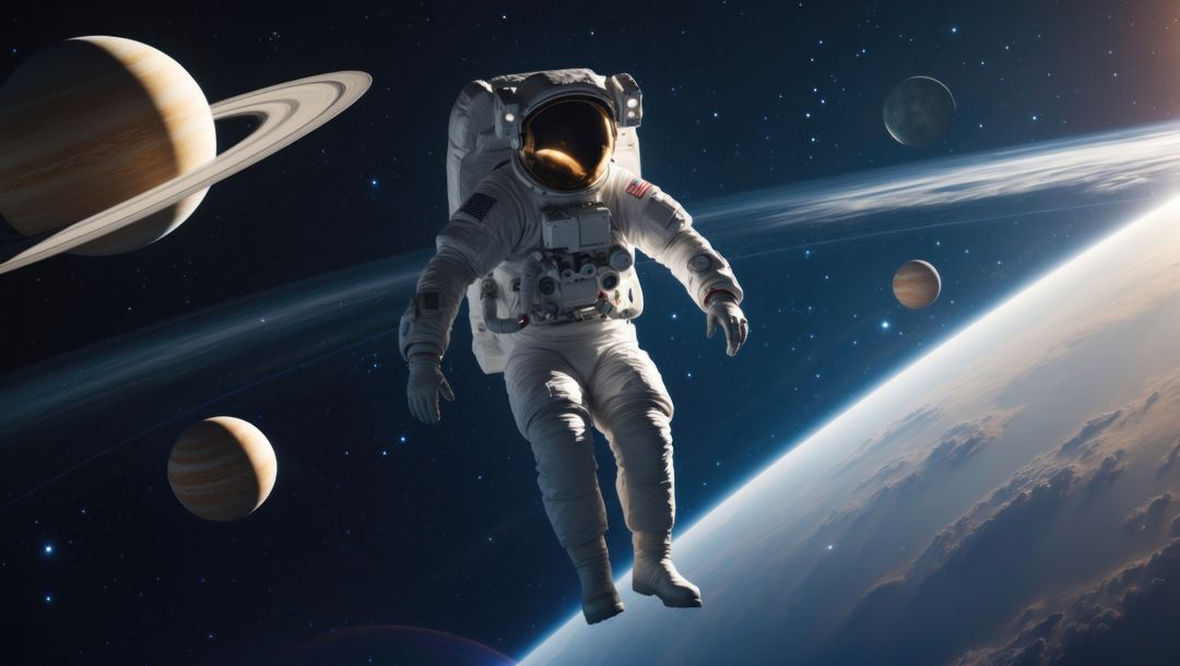 Astrophysicist astronaut floating near planet with ringed gas giant and stars
