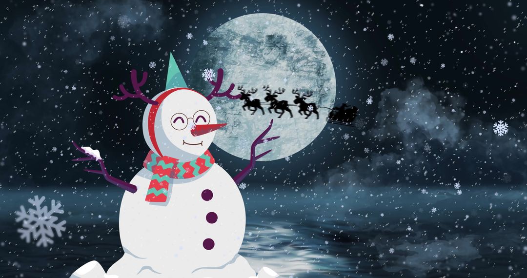 Whimsical Snowman and Sleigh Under Wintry Sky