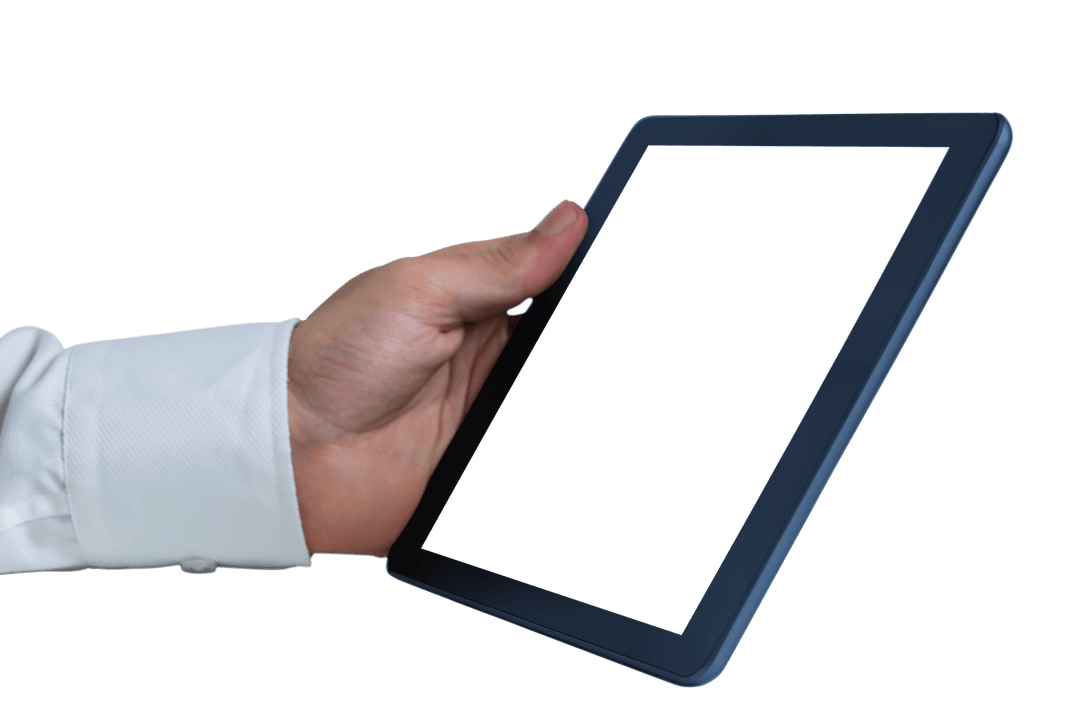 Hand Holding Tablet With Blank Screen on Transparent Background