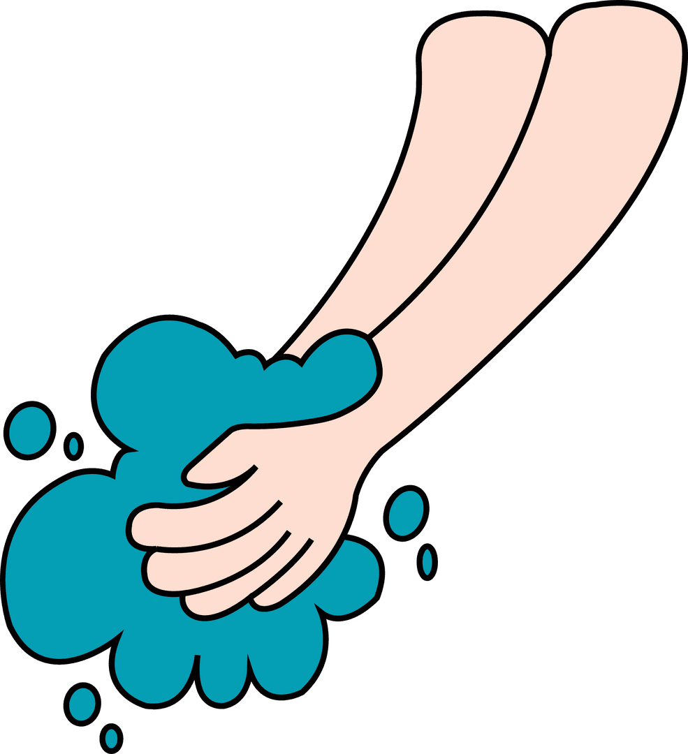 Flat Vector Hands Lathering Soap with Transparent Teal Bubbles