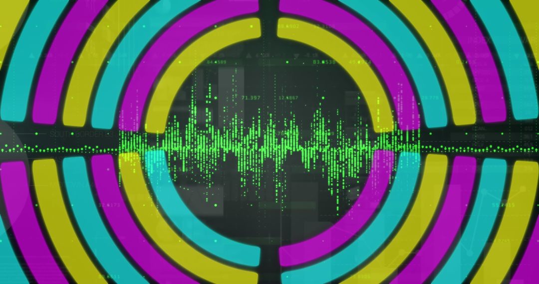 Futuristic Digital Interface with Colorful Arcs and Green Waveform