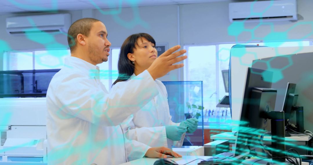 Scientists Interacting with Digital Data Overlay in Modern Lab
