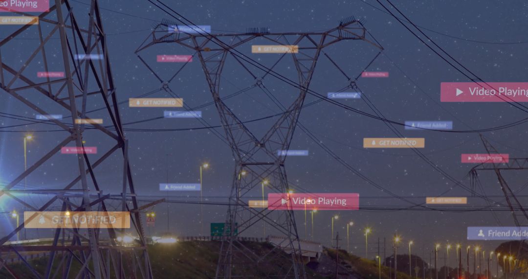 Transmission Towers at Night with Digital Overlay of Notifications