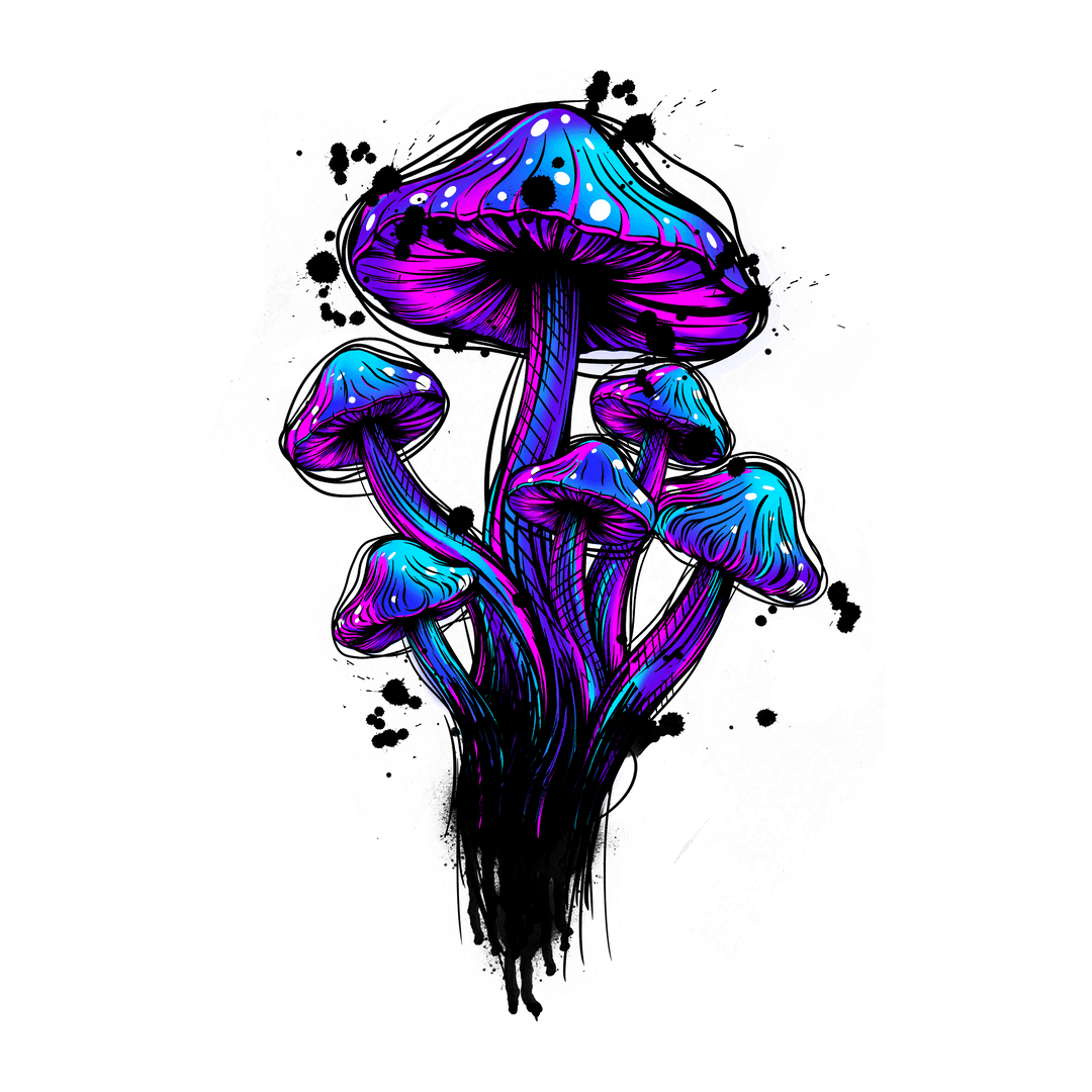 Vibrant Neon Mushroom Cluster on Transparent Background