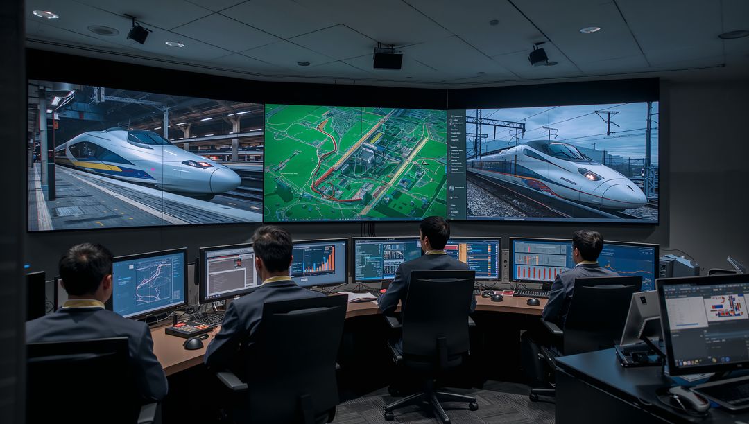 High-Tech Train Control Center with Operators Monitoring Rail Systems