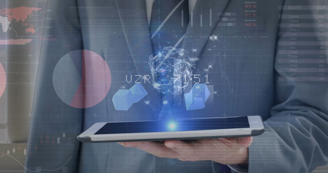 Businessman Utilizing Digital Tablet for Global Financial Analysis