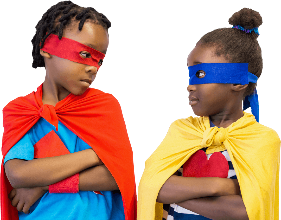 Playful Siblings Wearing Transparent Superhero Costumes and Eye Masks