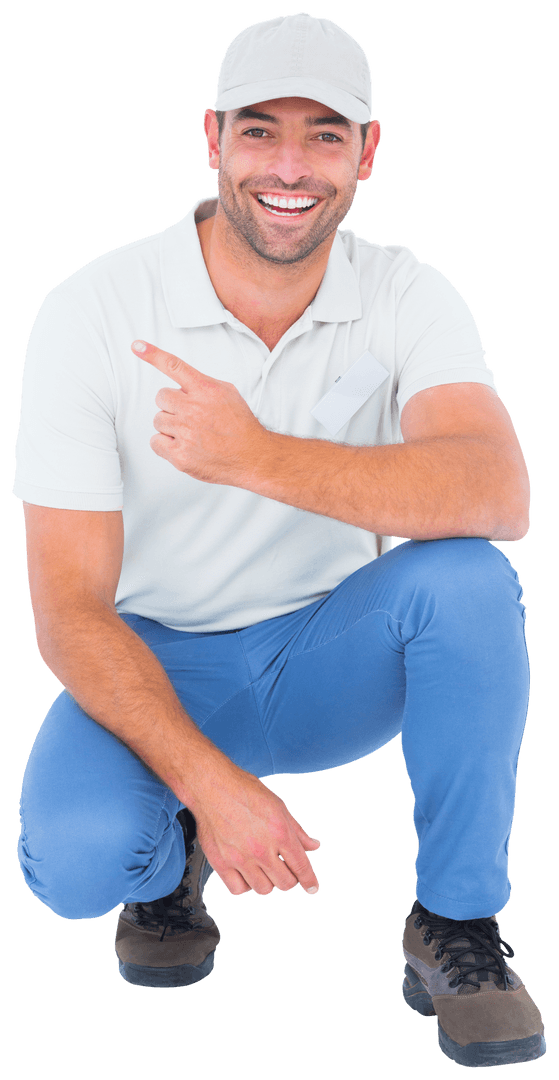 Happy Man in Cap Kneeling and Pointing Transparently