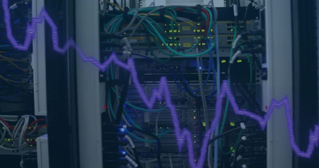 Digital Interface Overlay on Server Room with Graphs