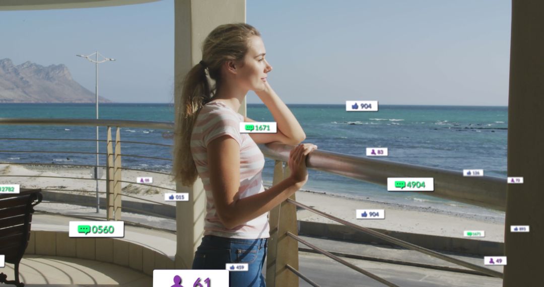Woman by Seaside with Social Media Notifications Overlay