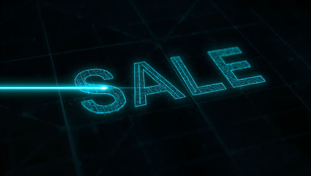 Neon cyan holographic SALE lettering with laser beam cutting wireframe grid for cyber sale