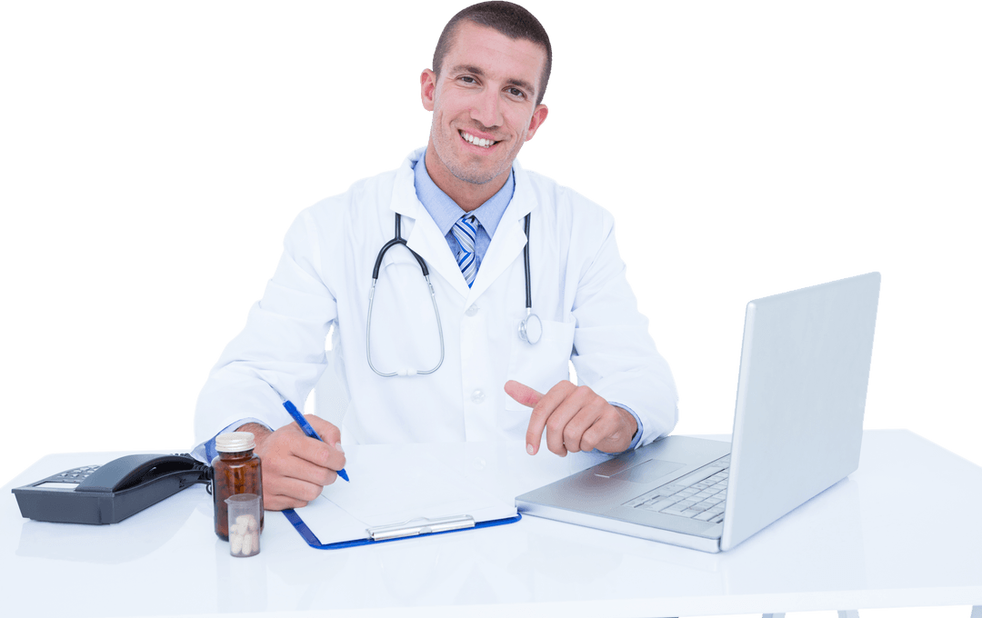 Smiling Male Doctor Writing Notes by Transparent Desk