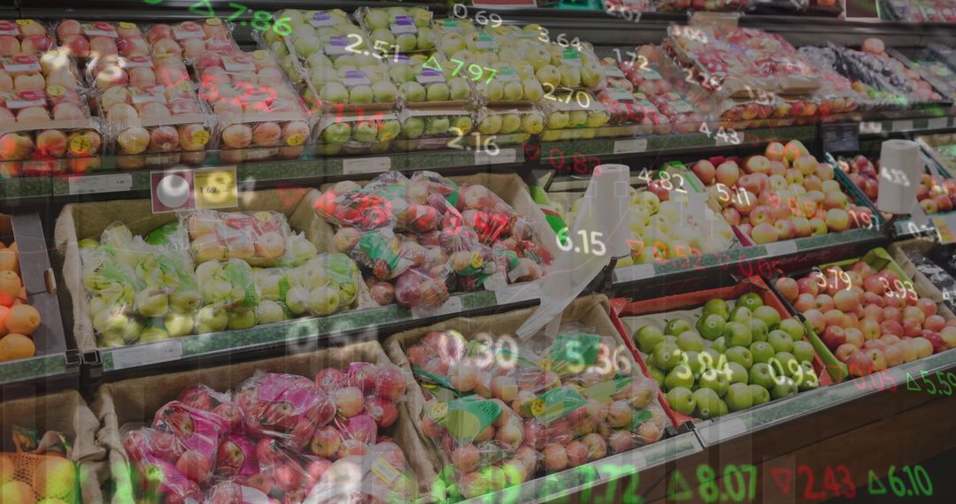 Supermarket Fresh Fruit Display with Financial Data Overlay