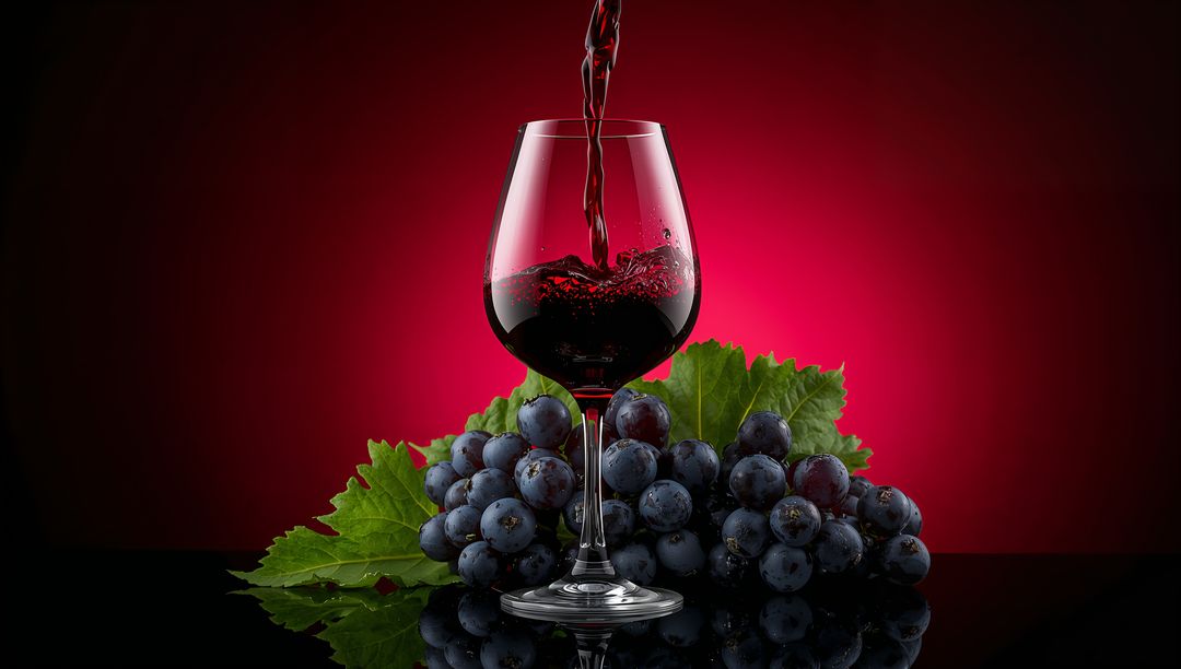 Pouring Red Wine into Glass with Grapes and Reflective Surface