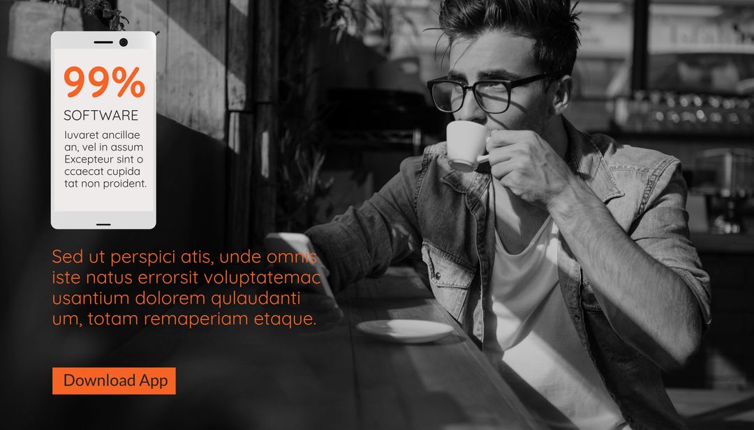 Stylish Man Enjoying Coffee Using Smartphone Promoting Digital Solutions