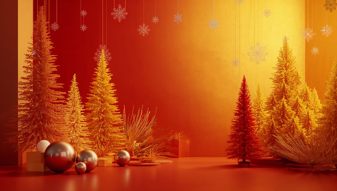 Luxurious Festive Decor with Gold Fir Trees and Ornaments
