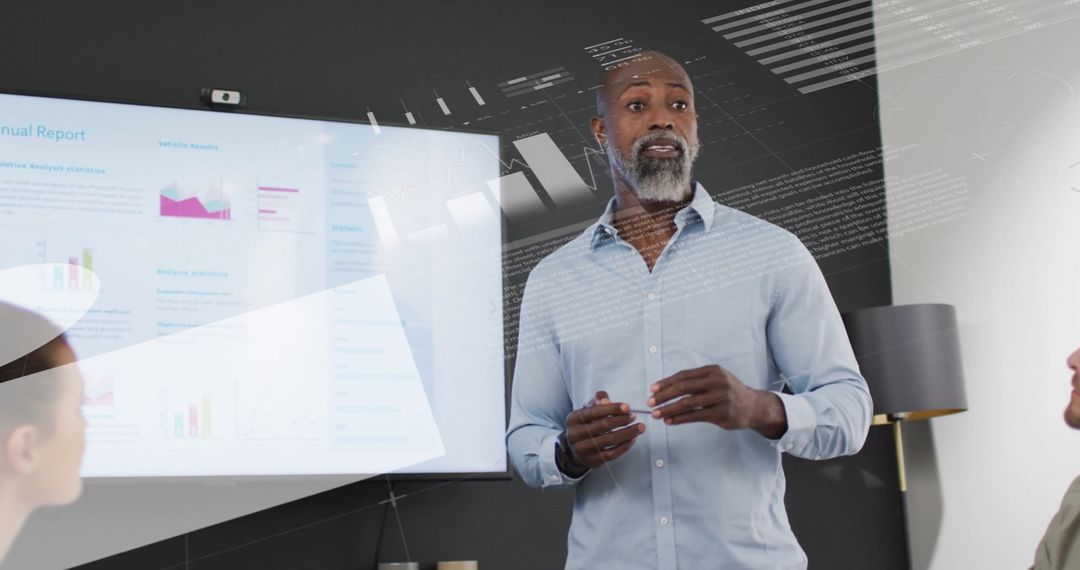 Manager Presenting Business Infographic to Team in Modern Office