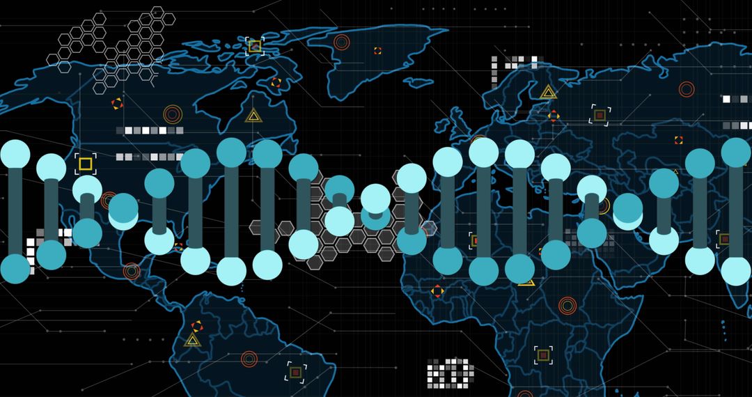 Futuristic DNA Helix with World Map Interface Symbolizing Global Biotechnology