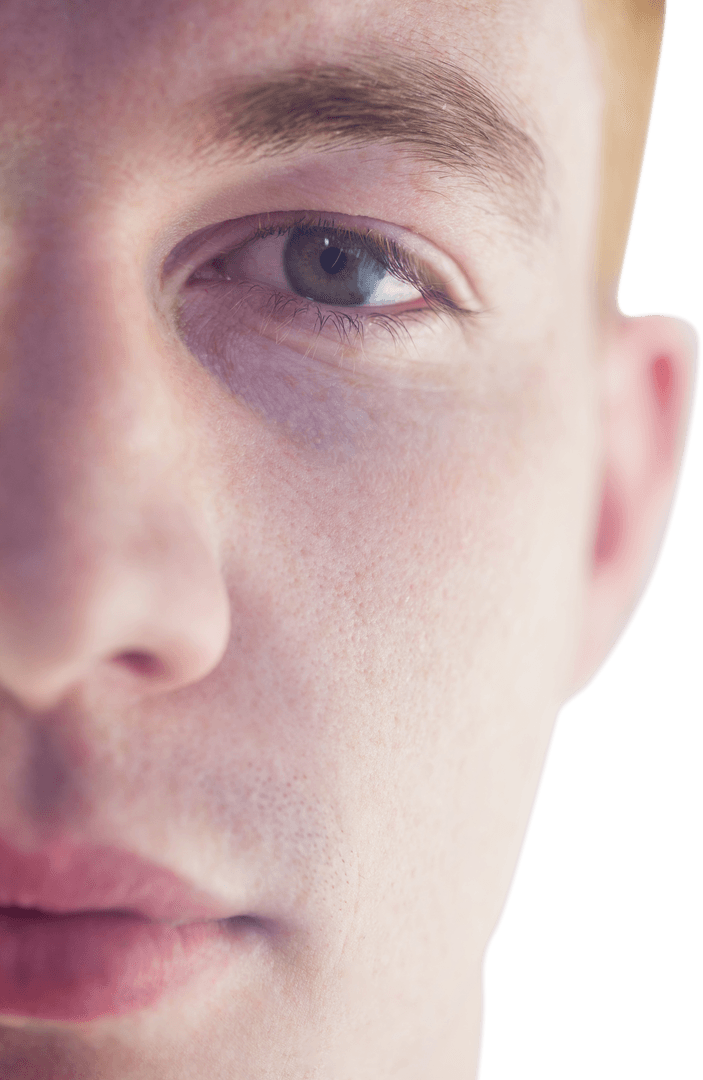 Transparent Close-up Podium of Young Man's Face with Detailed Skin Texture