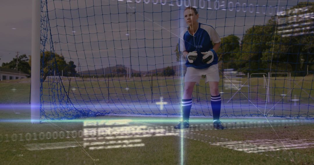 Goalkeeper Guarding Net Wearing Blue Jersey with Futuristic AR Analytics Overlay