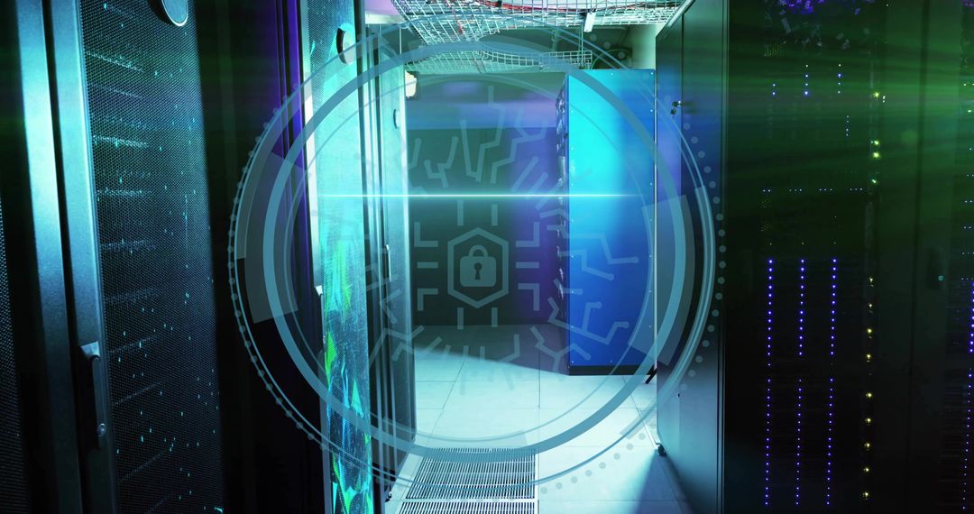 Holographic Security Interface Glowing in Modern Data Center