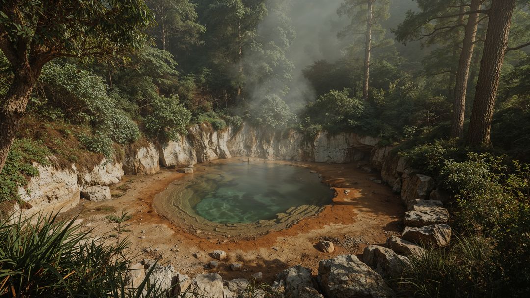 Tranquil Geothermal Hot Spring in Lush Forest Clearing