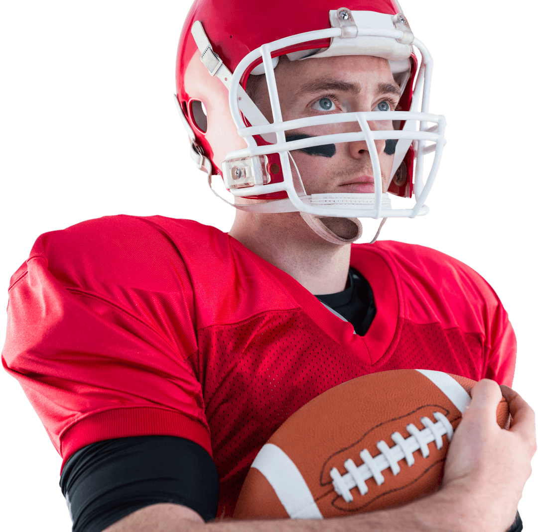 Focused American Football Player Holding Ball with Transparent Background