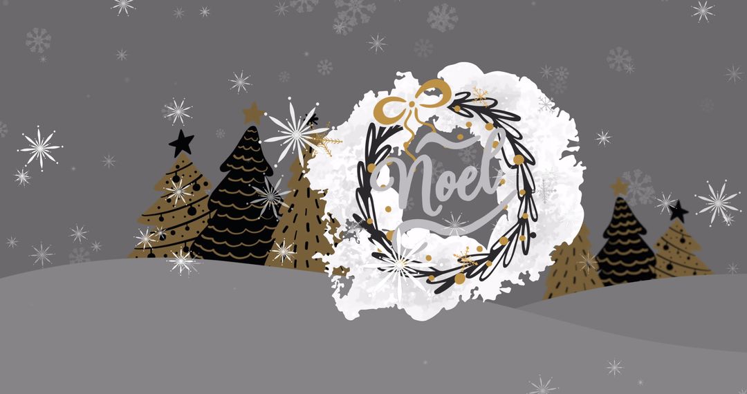 Decorative Noel Text with Christmas Trees and Snowfall
