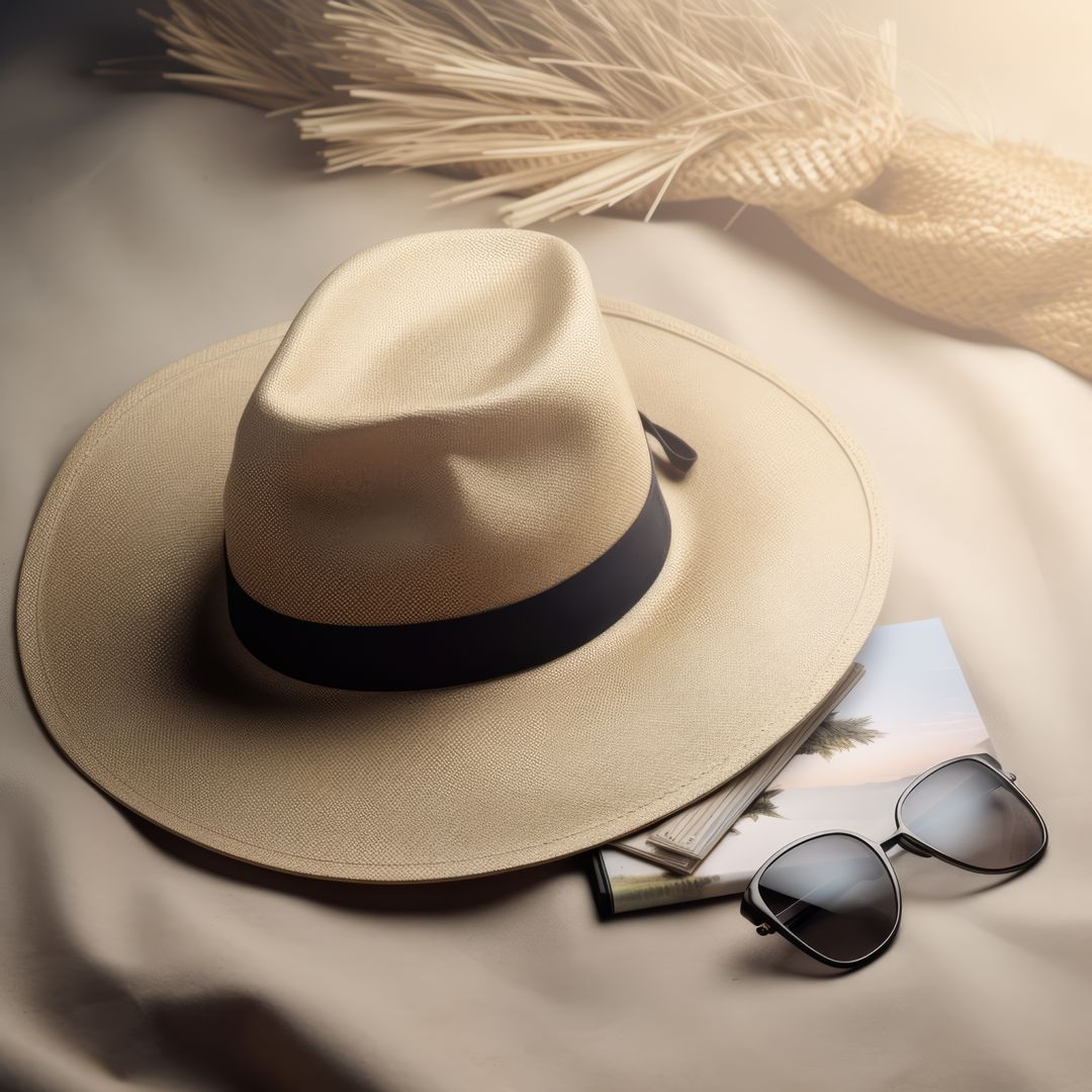 Close-up of Sun Hat and Sunglasses on Beige Background - Free Images, Stock Photos and Pictures on Pikwizard.com