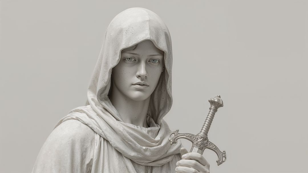 Hooded Warrior with Ornate Sword in a Mystical Pose