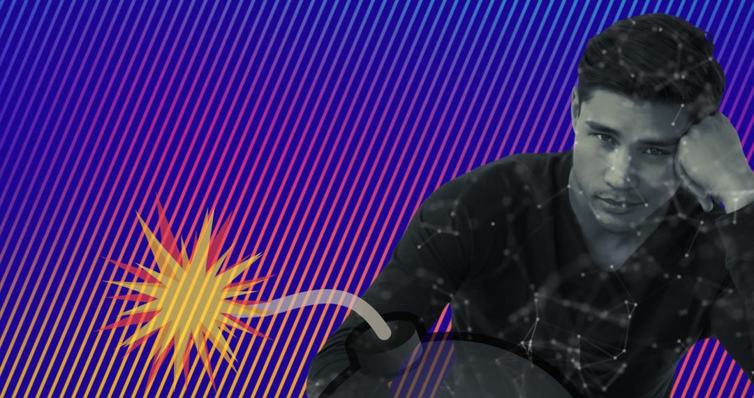 Bored Man Looking at Smartphone with Bright Colorful Background