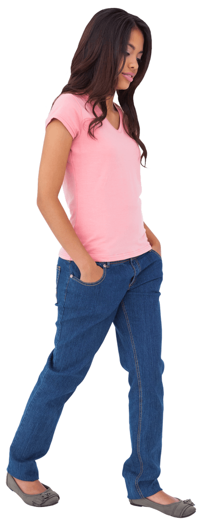 Pensive Woman Walking on Transparent Background in Blue Jeans