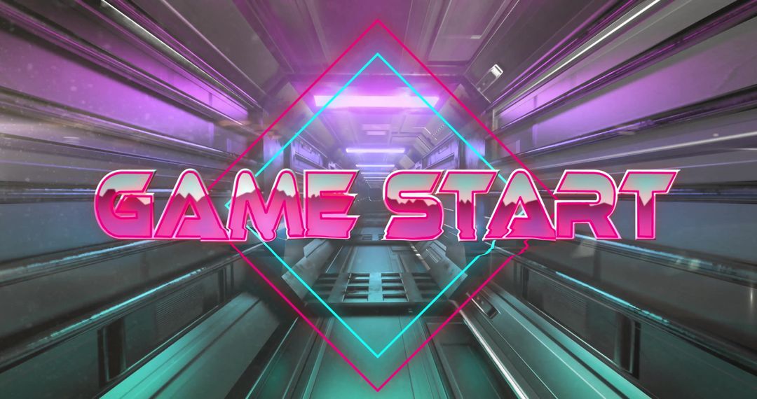 Neon 'Game Start' in Futuristic Spaceship Corridor