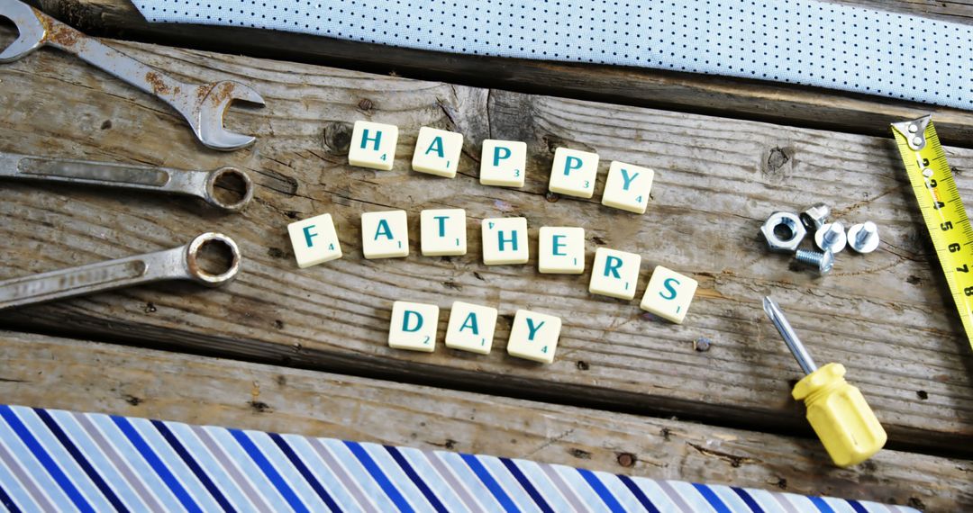 Happy Father's Day message surrounded by tools on wooden table - Free Images, Stock Photos and Pictures on Pikwizard.com