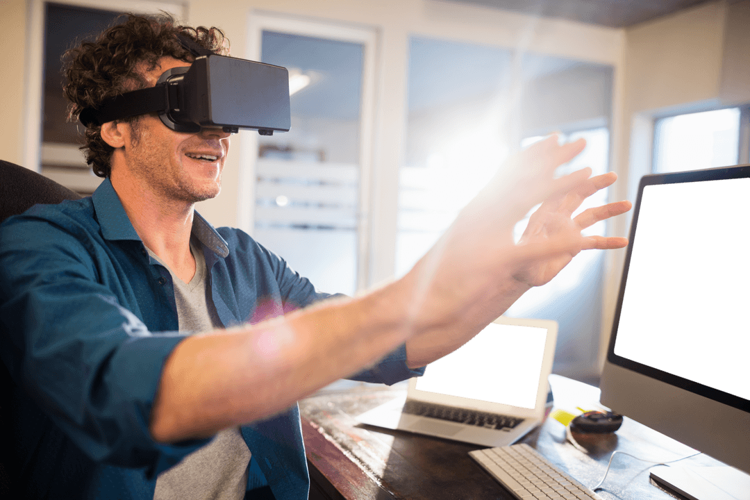 Businessman Engaged by Virtual Reality in Modern Office Space