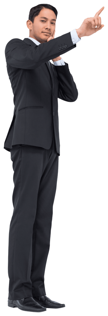 Confident Asian Businessman Pointing Upwards on Transparent Background