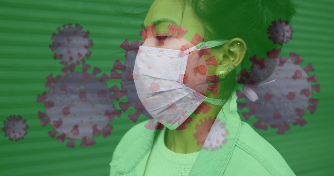 Woman Wearing Mask with Virus Overlay Emphasizing Health Safety