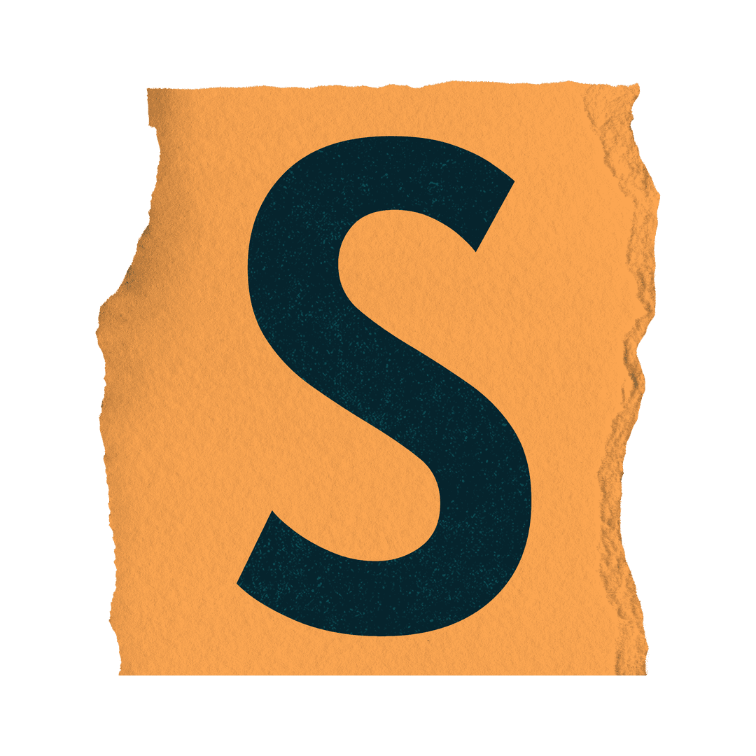 Bold Dark Teal Letter S on Torn Orange Paper with Transparent Background